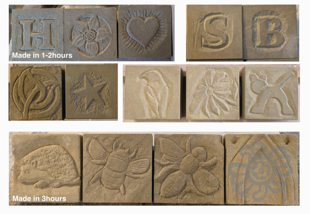 an array of photos showing stone carvings and how much can be achieved in a time frame