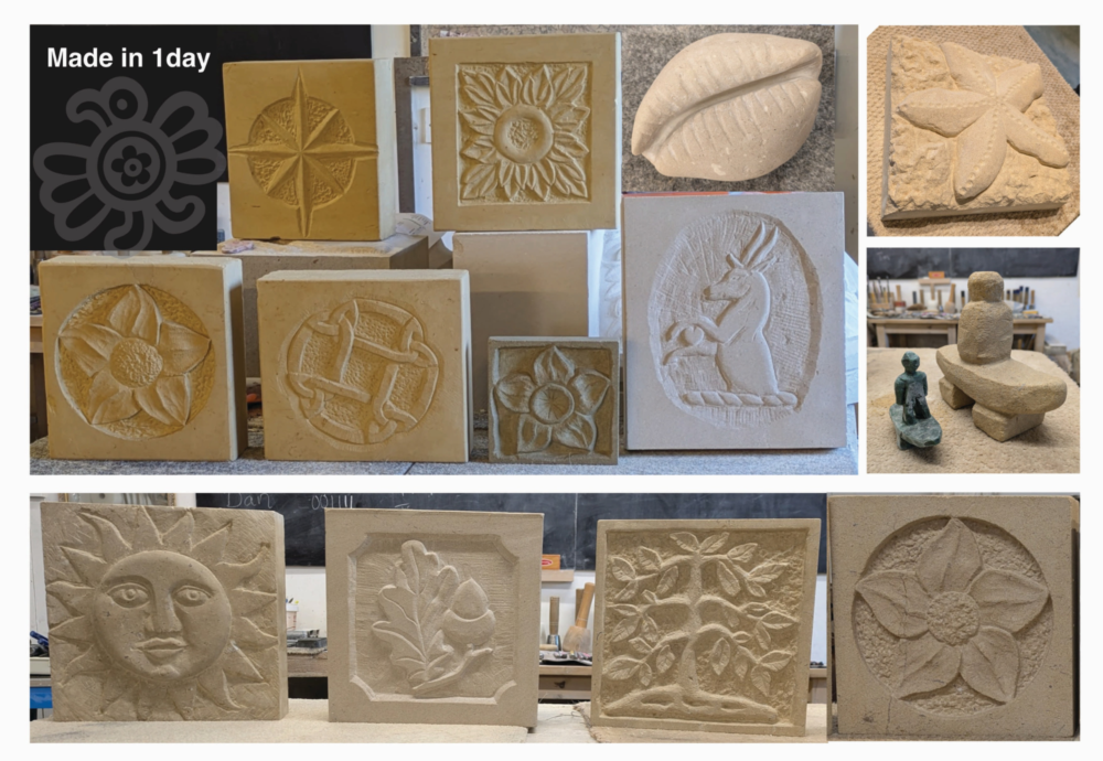 an array of photos showing stone carvings and how much can be achieved in a time frame