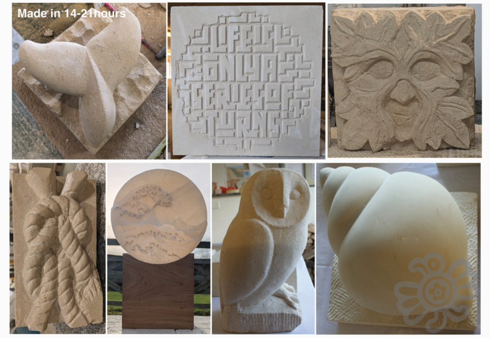 an array of photos showing stone carvings and how much can be achieved in a time frame